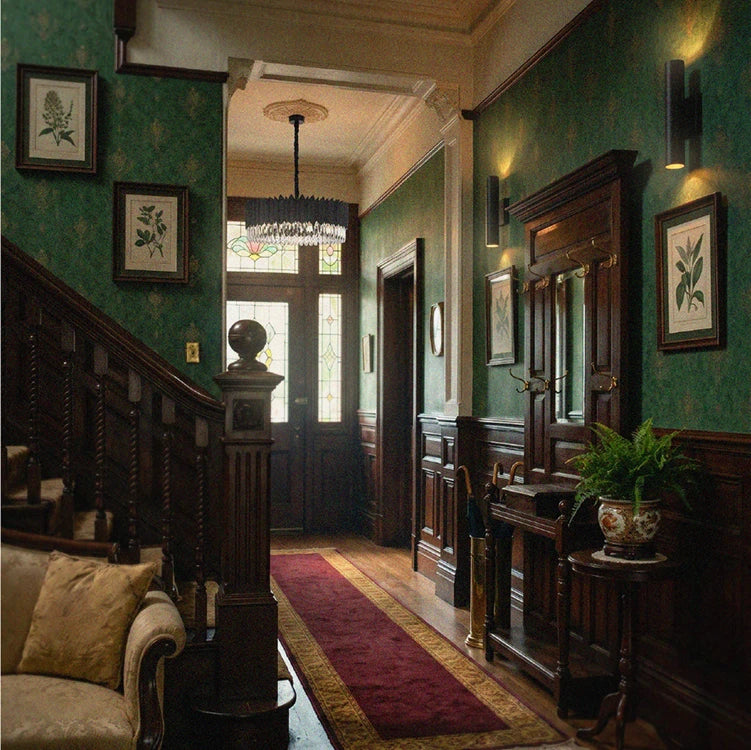Warm lighting in a green entrance hall