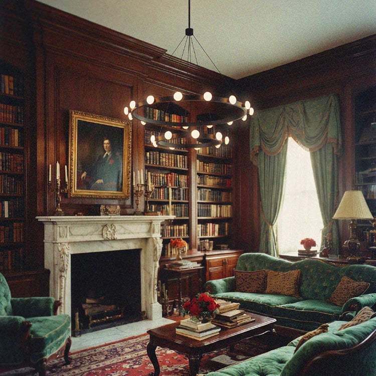 A chandelier above a richly layered living room
